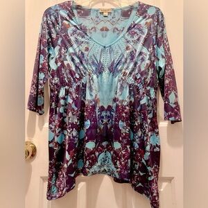 One World Women's Multicolor Tunic Top Embellished 3/4 Sleeves Sz PXL